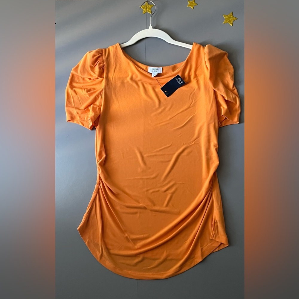 Crown & Ivy Vibrant Orange Gathered Sleeve Top